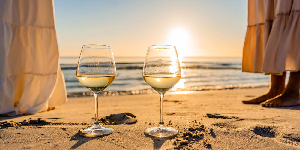 Zwei gefüllte Weißweingläser stehen am Strand und werden von der am Horizont untergehenden Abendsonne beschienen